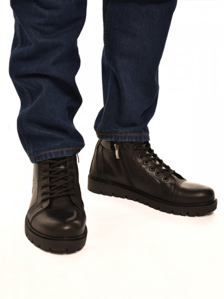 Н822МТ Ботинки мужские, черные, натуральная кожа, натуральный мех